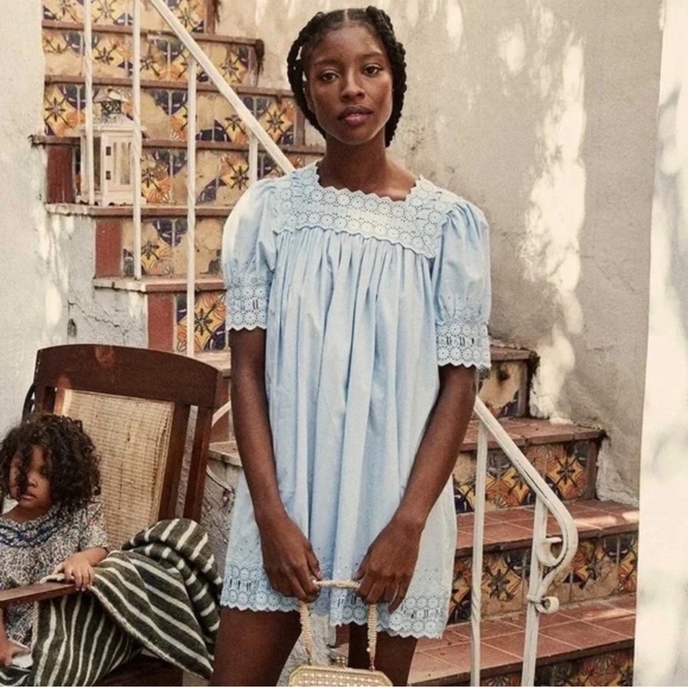 Doen Blue Smocked Babydoll Dress with Puff Sleeves